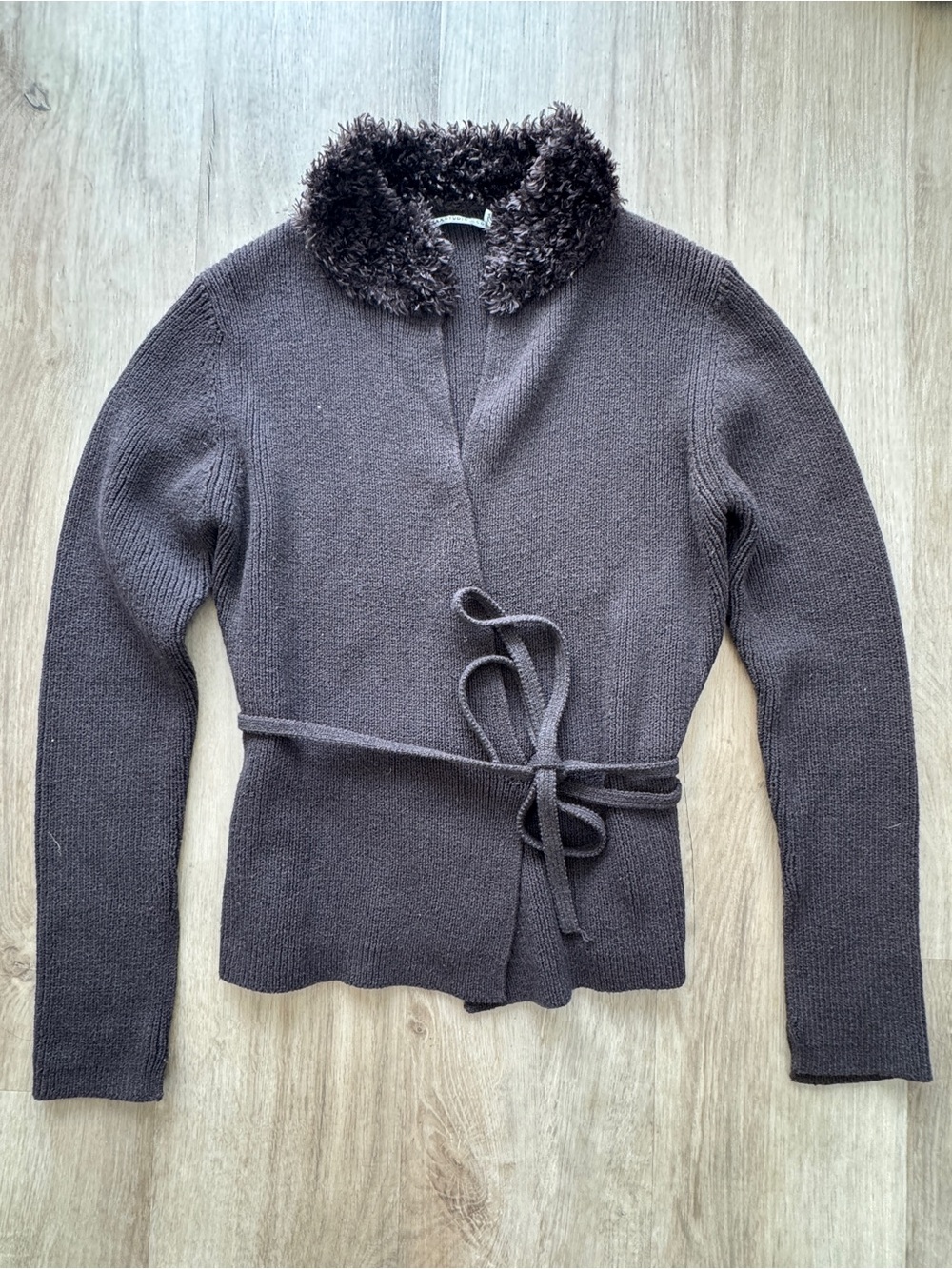 Max Studio y2k Faux Fur Collar Knit Wrap Cardigan - Dark Brown